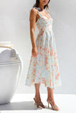 Vestido de Verão Flor Azul Amarela Midi Linha-A