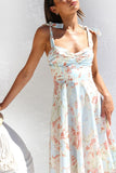 Vestido de Verão Flor Azul Amarela Midi Linha-A