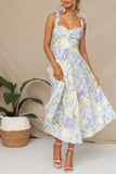 Vestido de Verão Flor Azul Amarela Midi Linha-A