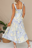 Vestido de Verão Flor Azul Amarela Midi Linha-A
