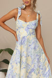 Vestido de Verão Flor Azul Amarela Midi Linha-A
