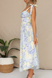 Vestido de Verão Flor Azul Amarela Midi Linha-A