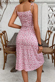 Vestido de Verão com Fenda Bainha Floral Rosa Mini Alças Finas