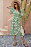 Vestido Verão Verde Decote em V Midi Mangas Curtas