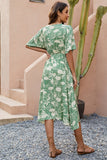 Vestido Verão Verde Decote em V Midi Mangas Curtas