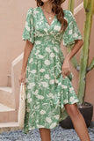 Vestido Verão Verde Decote em V Midi Mangas Curtas