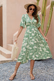 Vestido Verão Verde Decote em V Midi Mangas Curtas