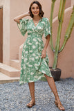Vestido Verão Verde Decote em V Midi Mangas Curtas