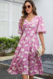 Vestido Verão Verde Decote em V Midi Mangas Curtas