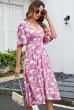 Vestido Verão Verde Decote em V Midi Mangas Curtas