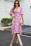 Vestido Verão Verde Decote em V Midi Mangas Curtas