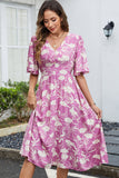 Vestido Verão Verde Decote em V Midi Mangas Curtas