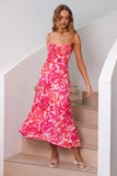 Vestido Verão Fúcsia Alças Finas Midi Floral Sem Encosto