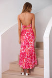 Vestido Verão Fúcsia Alças Finas Midi Floral Sem Encosto