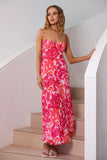 Vestido Verão Fúcsia Alças Finas Midi Floral Sem Encosto