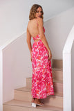 Vestido Verão Fúcsia Alças Finas Midi Floral Sem Encosto