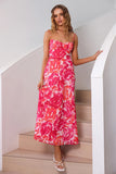 Vestido Verão Fúcsia Alças Finas Midi Floral Sem Encosto
