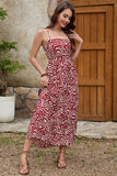 Vestido Verão Vermelho Escuro Alças Finas Midi Linha-A