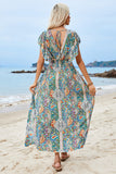 Verde Decote em V Linha-A Longos Vestido de Verão com Fenda