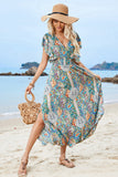 Verde Decote em V Linha-A Longos Vestido de Verão com Fenda