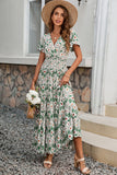 Verde Decote em V Flores Linha-A Longos Vestido de Verão
