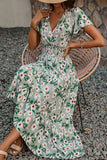 Verde Decote em V Flores Linha-A Longos Vestido de Verão