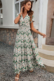 Verde Decote em V Flores Linha-A Longos Vestido de Verão