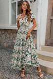Verde Decote em V Flores Linha-A Longos Vestido de Verão