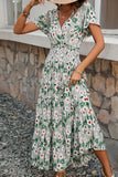 Verde Decote em V Flores Linha-A Longos Vestido de Verão