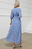 Flores Azul Decote em V Mangas Curtas Longos Vestido Verão com Fenda
