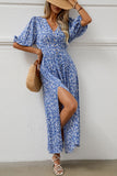 Flores Azul Decote em V Mangas Curtas Longos Vestido Verão com Fenda