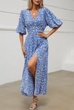 Flores Azul Decote em V Mangas Curtas Longos Vestido Verão com Fenda