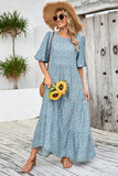 Cinzento Azul Linha-A Decote Redondo Flores Longos Vestido Verão