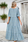 Cinzento Azul Linha-A Decote Redondo Flores Longos Vestido Verão