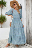 Cinzento Azul Linha-A Decote Redondo Flores Longos Vestido Verão