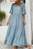 Cinzento Azul Linha-A Decote Redondo Flores Longos Vestido Verão