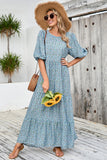 Cinzento Azul Linha-A Decote Redondo Flores Longos Vestido Verão