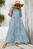 Cinzento Azul Linha-A Decote Redondo Flores Longos Vestido Verão