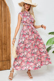 Flores Rosa Vermelha Pescoço Alto Longos Vestido de Verão