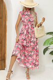 Flores Rosa Vermelha Pescoço Alto Longos Vestido de Verão