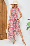 Flores Rosa Vermelha Pescoço Alto Longos Vestido de Verão