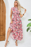 Flores Rosa Vermelha Pescoço Alto Longos Vestido de Verão