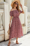 Fora do Ombro Borgonha Longos Floral Vestido Verão