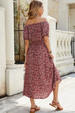 Fora do Ombro Borgonha Longos Floral Vestido Verão