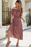 Fora do Ombro Borgonha Longos Floral Vestido Verão