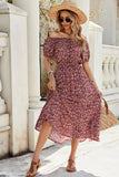 Fora do Ombro Borgonha Longos Floral Vestido Verão