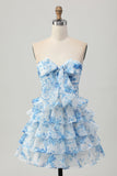 Strapless branco azul flor A-line tiered curto Homecoming Dress com arco