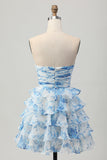 Strapless branco azul flor A-line tiered curto Homecoming Dress com arco