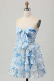 Strapless branco azul flor A-line tiered curto Homecoming Dress com arco