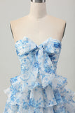 Strapless branco azul flor A-line tiered curto Homecoming Dress com arco